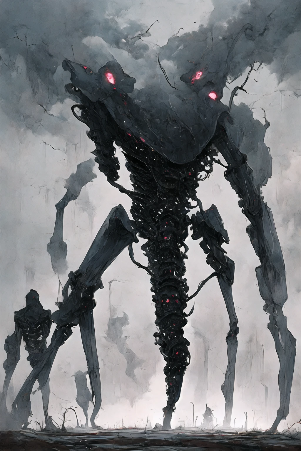 外見は黒いfog,Put on your armor,Modern Battle Suit(((Appearance)))The shape is humanoid,Modern weapons(((Features)))Eyes glowing red,The shape is made of purple glowing matter..(((male)))The skeleton is human-like、Muscle fibers are visible.,fogのようなもので獲物を探す(((background)))Barren Land,dead tree,fog,Chaotic world(((Standing posture)))Battle Scenes,overwhelmingly strong,Highest quality。