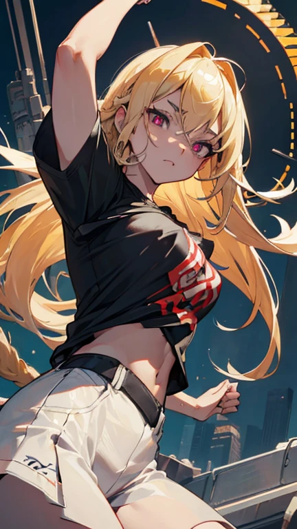 optimal,masterpiece,high resolution,best quality,Ultra HD,Very detailed,The award-winning,16K,Solitary,(Upper Body),Correct anatomy,Beautiful cyberpunk girl,Cowboy shooting、Cute face,,Blonde、Long hair、Double tail、Weaving, hairline,((Scarlet eyes)),Long eyelashes,Drooping corners of the eyes,White skin,((Shot from below)), ((t-shirt:1.5)), Clock top、((Clear nipples))、Rocket , (Large Breasts),(because I'Thin),Very slim figure:1.3),Huge breasts:1.4 Huge breasts:1.4,full, Firm breasts,Showing cleavage,Nipple protrusion,Belly button full breasts, Large Breasts, Slender sexy legs, Put your hands behind your head((Clear nipples))、Rocket , (Large Breasts),(because I'Thin)