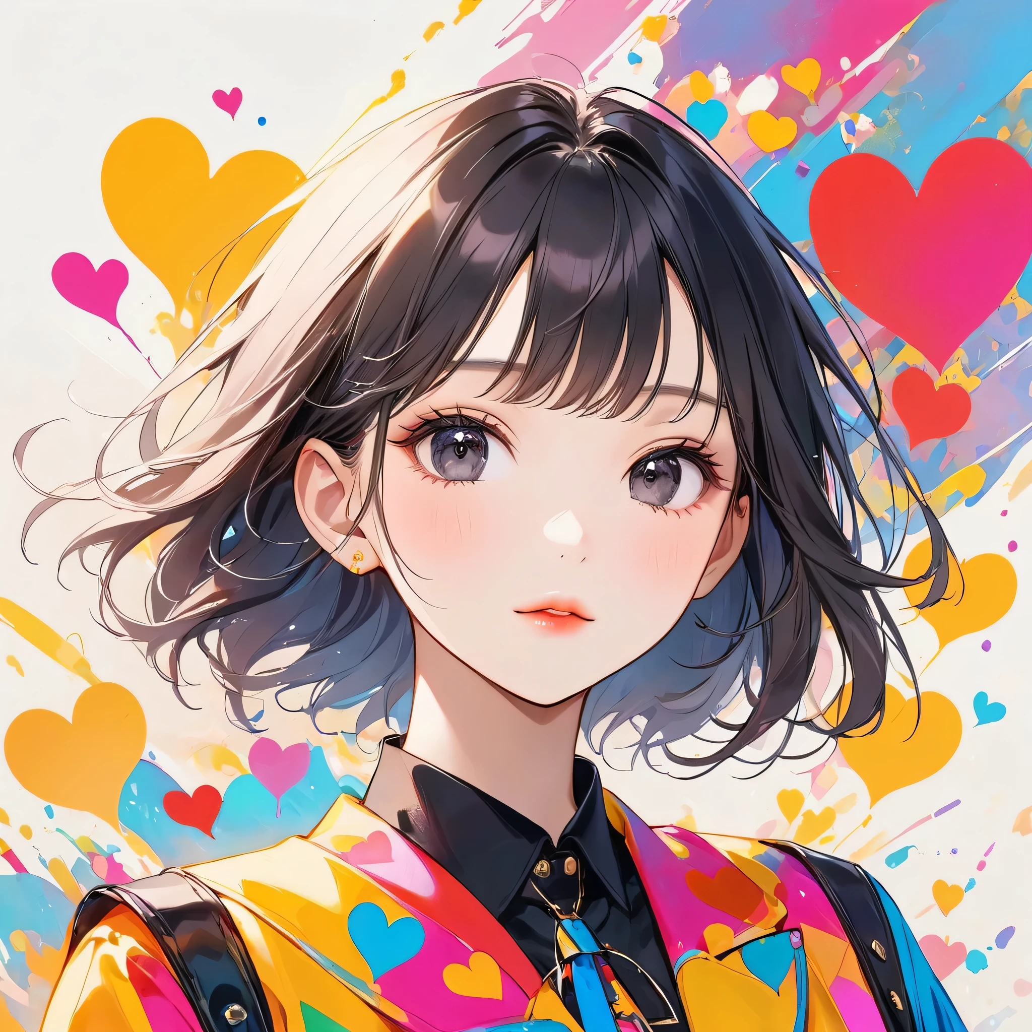 Mika Pikazo colorful style, Simple Line Initialism，Abstract art，Urban Background, (((The most beautiful girl of all time))), black eyes, Sweet face. Lips in love, colorful hearts, stylish design, black eyes, Front face