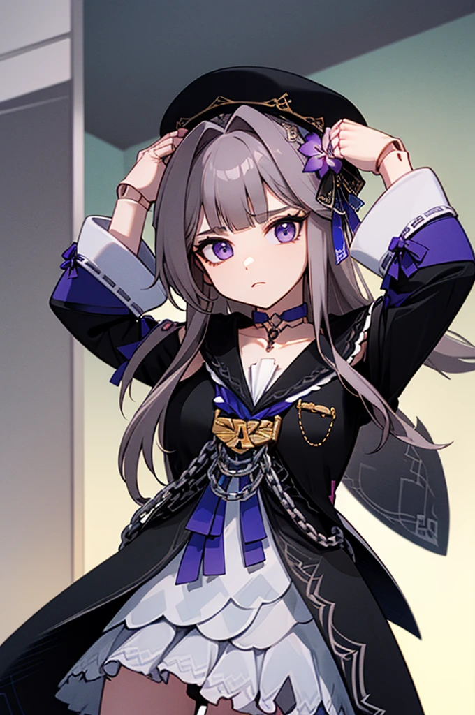 aherta, long hair, grey hair, hair flower, beret, black headwear, joints, choker, key, sailor collar, shoulder cutout, white dress, detached sleeves, herta, star rail herta, madam herta, star rail, arms up, absolute cinema meme, arms, front, front body, front body, hands up, front arms up, mature body, indiferent face, boring face, two arms only, two hands only, arms up absolute cinema meme