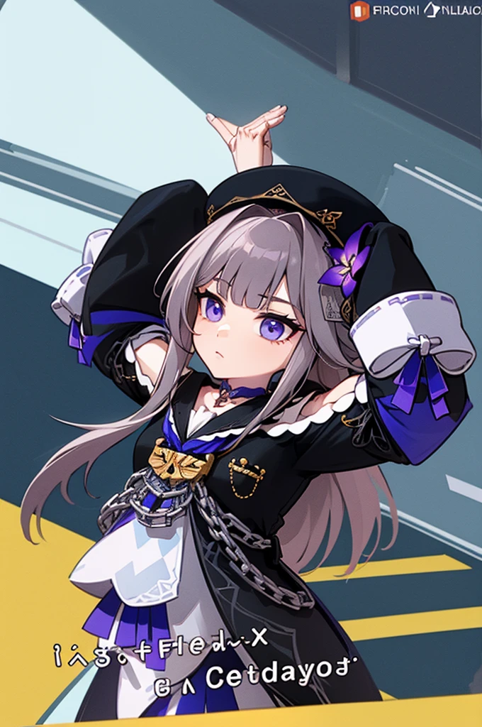 aherta, long hair, grey hair, hair flower, beret, black headwear, joints, choker, key, sailor collar, shoulder cutout, white dress, detached sleeves, herta, star rail herta, madam herta, star rail, arms up, absolute cinema meme, arms, front, front body, front body, hands up, front arms up, mature body, indiferent face, boring face, two arms only, two hands only, arms up absolute cinema meme