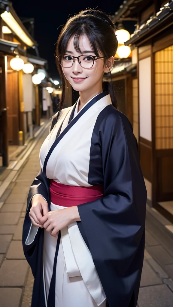 (Super beautiful woman in kimono)、((highest quality、8K masterpiece:1.3))、sharp focus:1.2、(super beautiful face:1.0)、(shiny skin:1.0)、realistic pictures、black hair、video lighting、High resolution eyes and face、video lighting、japanese actress、from the front、big breasts、with a happy smile、Slender abs beauty、whole body、wearing a kimono、in Kyoto、(((luxury obi)))、In Kyoto at night、wearing glasses with no edge、with a fan