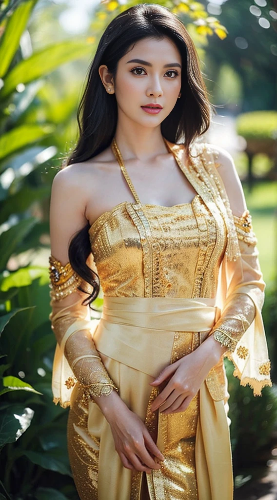 Photorealistic Production, (One Person), (Realistic Image of a 27 Years Old British Female Model), (Shoulder-level Wavy black Hair:1.6), (Athletic Body Builds:1.4), (Pale Skin:1.4), (Wearing a White Ornated Kebaya Dress with Silk Cloth and Golden Jeweleries:1.6), (Serious Face), (Deep Cleavage), (Elegant Pose:1.6), Centered, (Waist-up Shot:1.4), From Front Shot, Insane Details, Intricate Face Detail, Intricate Hand Details, Cinematic Shot and Lighting, Realistic Colors, Masterpiece, Sharp Focus, Ultra Detailed, Taken with DSLR camera, Realistic Photography, Depth of Field, Incredibly Realistic Environment and Scene, Master Composition and Cinematography