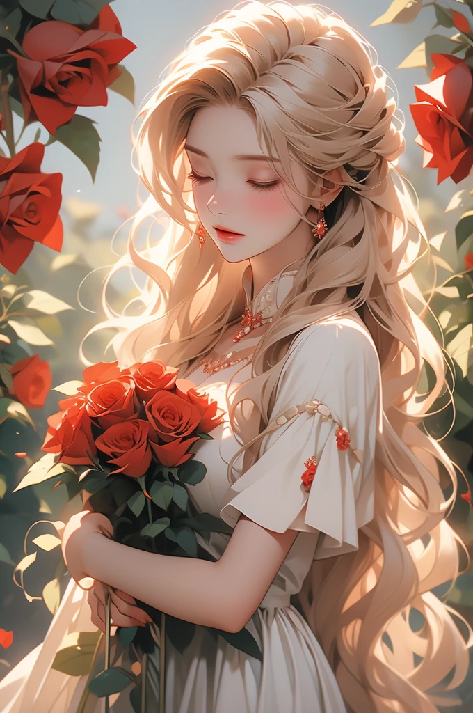 a woman with long blond hair holds a red rose between her red fingers, 1girl, flower, rose, solo, long hair, closed eyes, blonde hair, red flower