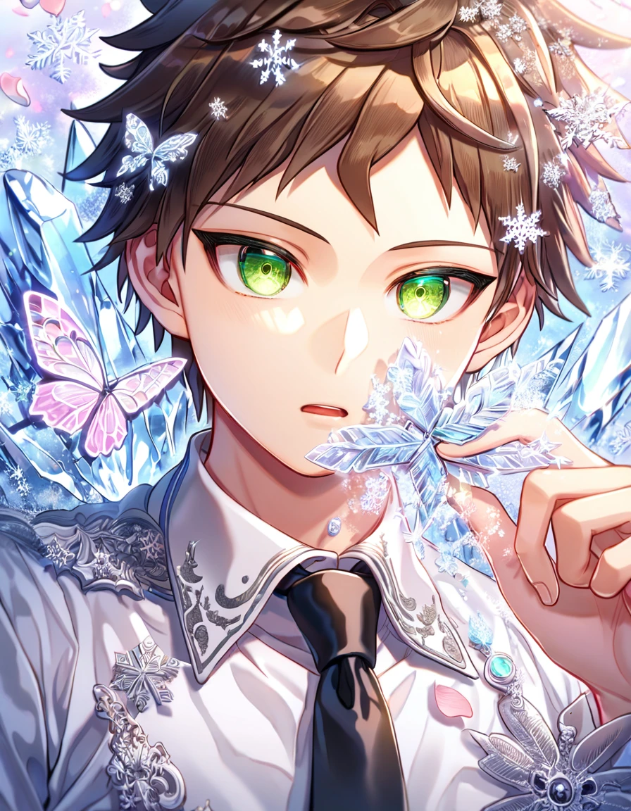 Ultra detailed, HDR, Highres, absurdres, master piece, Hinata Hajime, brown hair, expressive green eyes, white shirt, black necktie, Danganronpa, handsome, ice glittering butterflies, ice, petals, ice pink glass flowers, glittering, fantasy, magical, snowflakes, cold, solo, sexy man,