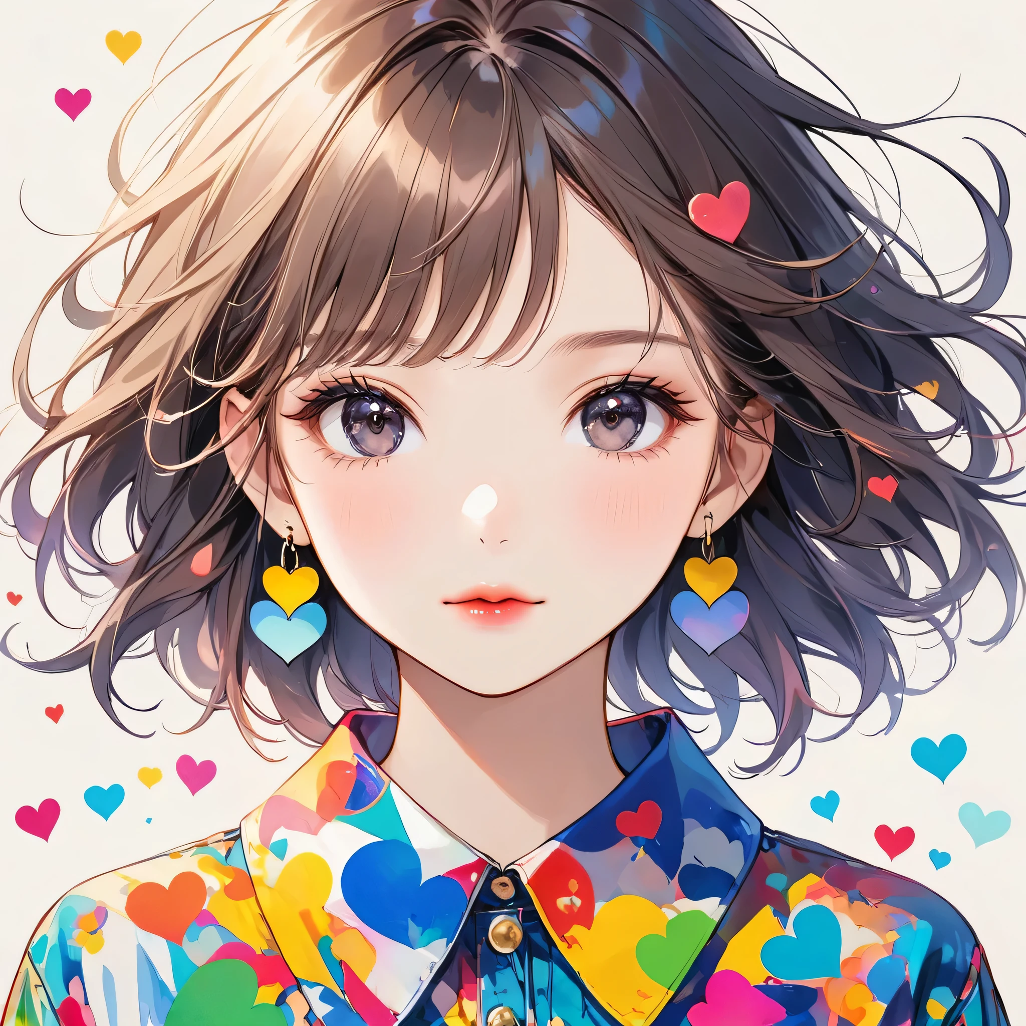 Mika Pikazo colorful style, Simple Line Initialism,Abstract art,Urban Background, (((The most beautiful girl of all time))), black eyes, Sweet face. Lips in love, colorful hearts, stylish design, black eyes, Front face