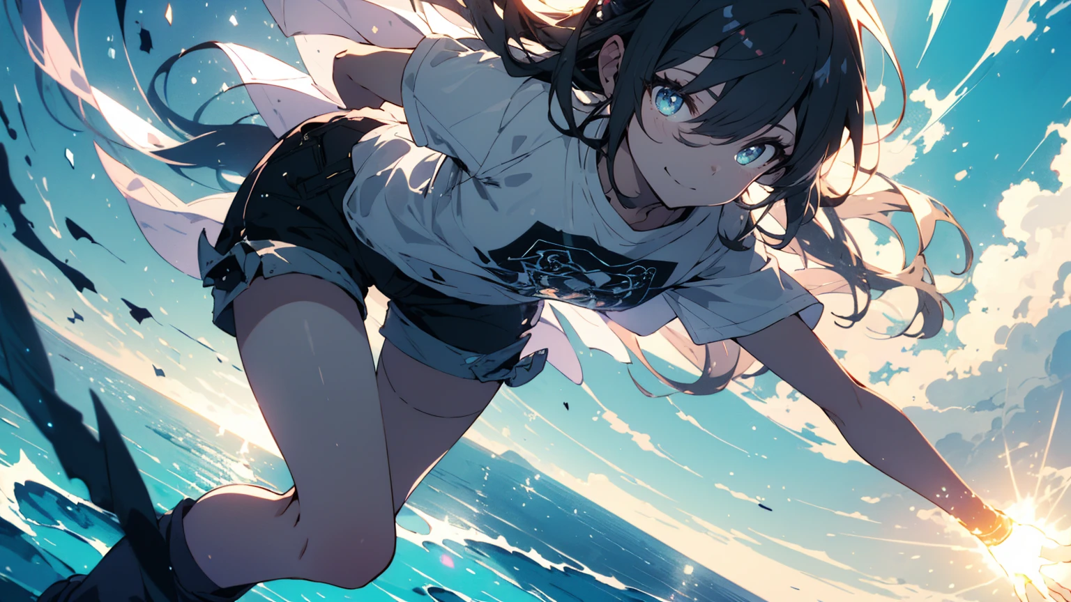 (Highest quality、masterpiece、High resolution、detailed)、(Shining Eyes、detailed美しい顔)、1 Girl、(T-Shirts,Shorts),smile,short boots,outskirts、Slope background、Beautiful Anime