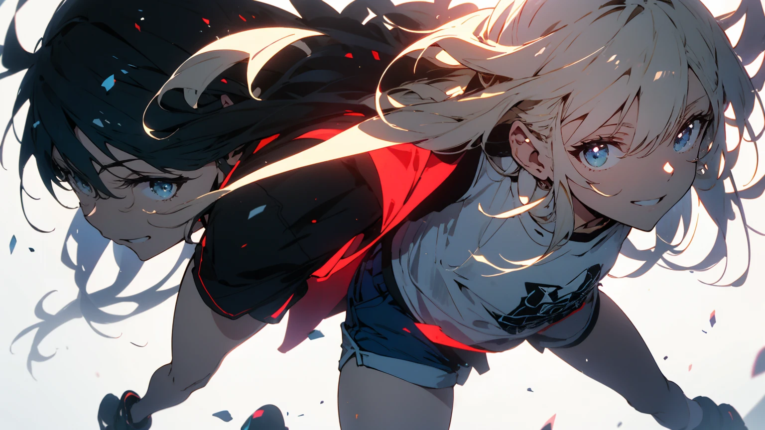 (Highest quality、masterpiece、High resolution、detailed)、(Shining Eyes、detailed美しい顔)、1 Girl、(T-Shirts,Shorts),smile,short boots,outskirts、Slope background、Beautiful Anime