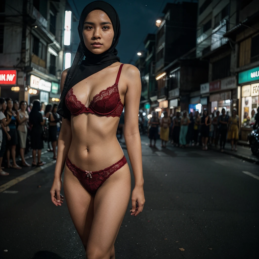 a javanese age girl in hijab and dark red lace bra and panties catwalk in front of crowded bustling jogjakarta streets, serious face, nighttime, 35mm lens, establishing shot, pastel color grading, depth of field cinematography effect, film noir genre, 8k resolution, high quality, ultra detail