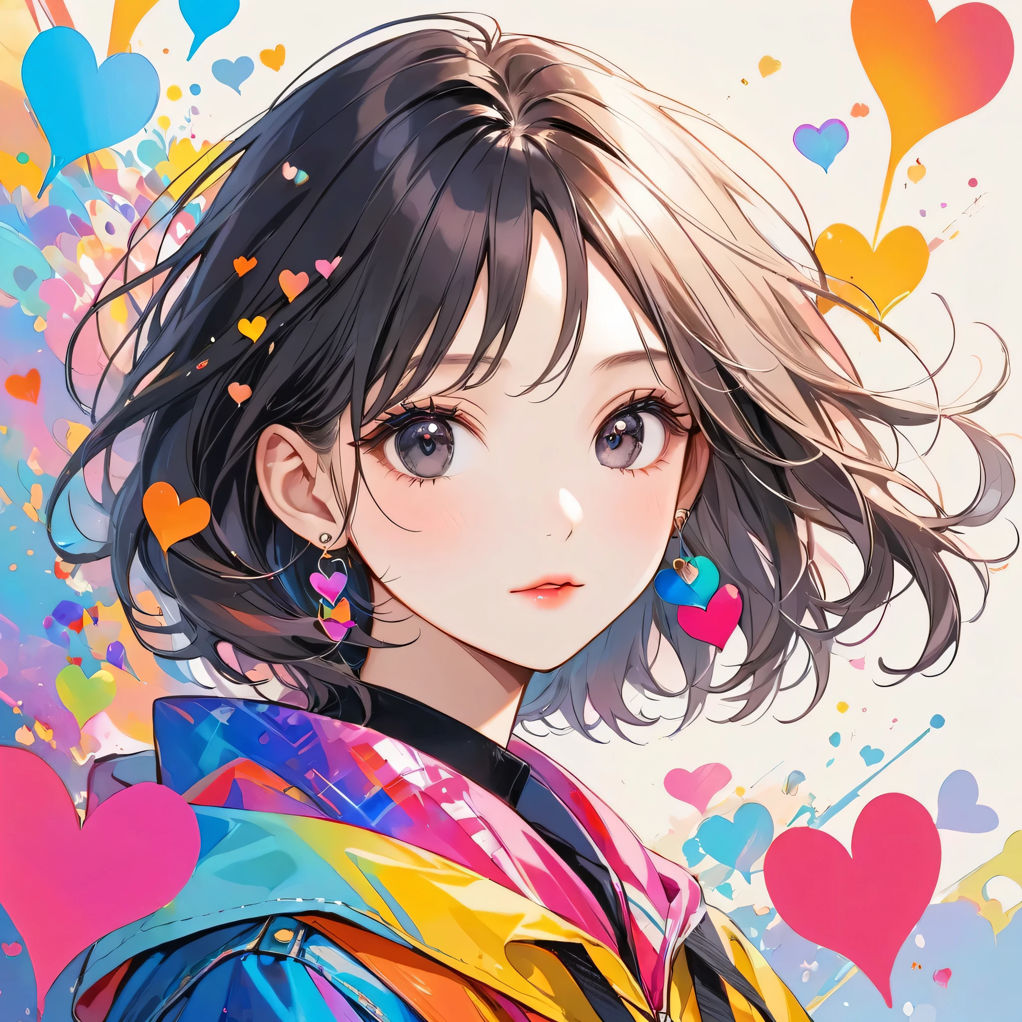 Mika Pikazo colorful style, Simple Line Initialism，Abstract art，Urban Background, (((The most beautiful girl of all time))), black eyes, Sweet face. Lips in love, colorful hearts, stylish design, black eyes, Front face