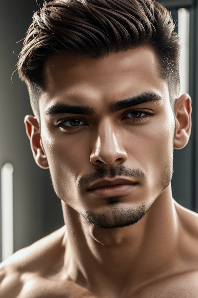 Man with clear, smooth skin, masculine, piercing in lip, eyebrow,