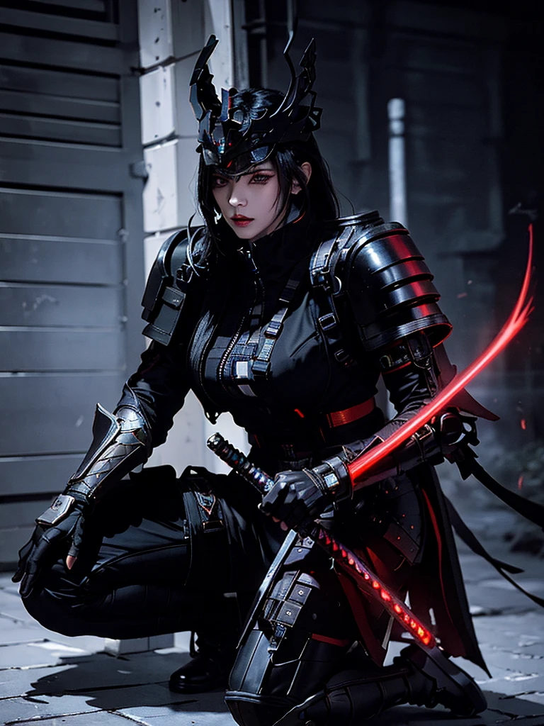 Surrealistic version of a woman kneeling down on one knee with a sword in her hand, Supporting the sword against the ground ,The red blade has electric sparks, very beautiful cyberpunk samurai, anime cyberpunk art, cyberpunk samurai, cyberpunk anime art, cyberpunk anime, cgsociety 9, digital cyberpunk anime art, maciej kuciara.1girl style, samurai armor , Demon mask helmet, intricate, detailed ornaments, cool colors, metallic, details Egypt, intricate details, realistic lighting, cgs social trends, glowing eyes, facing camera, neon details, surreal details, full body portraits, Japanese atmosphere, global illumination, shadows, octane rendering, 8k, super sharp lolita.cool.((Best quality)), ((masterpiece)), (details:1.4), 3D, image of a female cyberpunk beautiful,HDR (High Dynamic Range),Beam Range,NVIDIA RTX,Ultra High Resolution,Unreal 5,Subsurface Scattering,PBR Textures,Post-processing,Anisotropic Filtering,Depth of Field, Maximum clarity and sharpness, Multi-layer textures, Albedo and Reflection maps, Surface shadows, Accurate simulation of light-material interaction, Perfect scaling, Octane rendering, Two-tone lighting Color, Wide Aperture, Low ISO, White Balance, Rule of Thirds, 8K RAW,