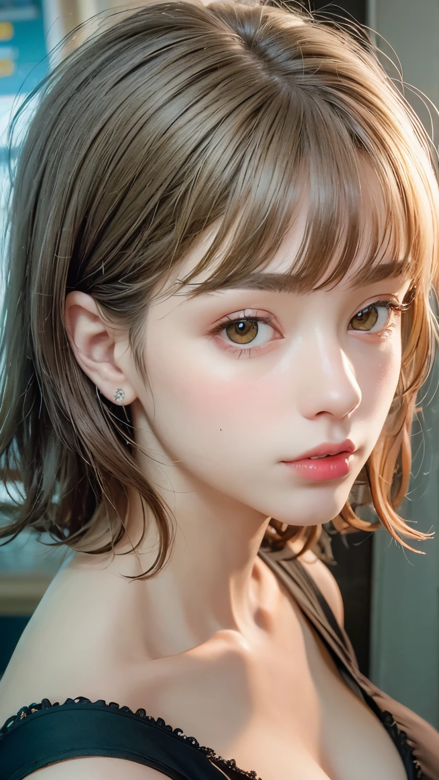 Masterpiece hyperrealist & Photorealistic beautiful girl, Realistic Skin (Pore-filled skin) Short Bob Cut Hair, Realistic red lips,Punk Girl, (head shot:1.5),Shorts