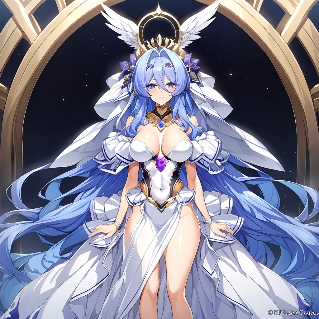 ((Highest quality)), ((masterpiece)), (detailed), (Perfect Face)、The woman was a great angel who became the Greek goddess Hera.6An archangel and god with wings and a shining halo above his head.々The wife of Zeus, the king of the gods, and the divine queen of the gods, Goddess Extella、The woman was a beautiful goddess, Goddess Extia, the queen of the one and only god Zeus. She had medium-long blue hair, was wearing a pure white Doric chiton with gorgeous gold embroidery and trimmings, a gorgeous vintage wedding veil, gorgeous jewelry and decorations, an engagement ring, and gorgeous accessories. She was an elegant goddess, the graceful and beautiful queen of the gods, Goddess Extia.