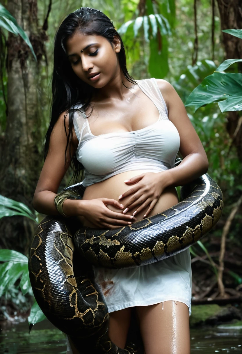Pregnant Top quality, masterpiece, super high resolution, real photo, raw photo, cute, beautiful Indian young girl, happy expression, joy, glossy skin, dramatic lighting, full body, full body wet, dirty white tank top, sheer with thin fabric, white shirt dirty with mud, beautiful breasts, beautiful ass, butt sticking out, creepy, in the dark jungle, waterside, black large titanboa , slim, long limbs, slimy, slim Sleeping on large titanboa a large giant black titanboa wrapped around her neck, a large titanboa wrapped around her body, a titanboa’s head from between her crotches, a titanboa and a titan’s intertwining their tongues and kissing, a girl hugging giant titanbo a girl and a large titanboa staring at each other Many large anacondas horny aroused tentacle sex large object penetration nsfw snake tongue kissing blowjob bestiality