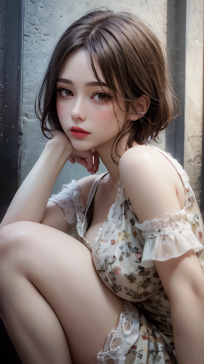 Masterpiece hyperrealist & Photorealistic beautiful girl, Realistic Skin (Pore-filled skin) Short Bob Cut Hair, Realistic red lips,Punk Girl, (head shot:1.5),Shorts