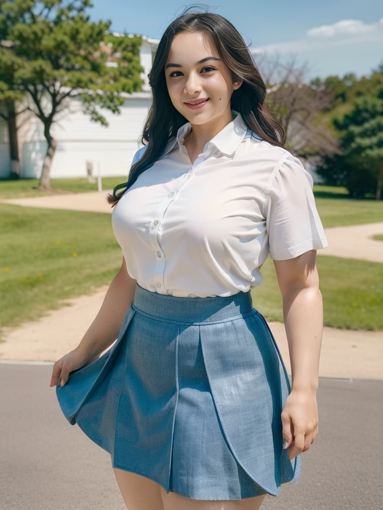 1girl, (uniform), standing, outdoors, detailed face, detailed eyes, huge breasts, shiny skin, short skirt, looking at the audience,(8k, RAW photo, best quality, masterpiece: 1.2), (realistic, realistic: 1.37), ultra-high resolution
