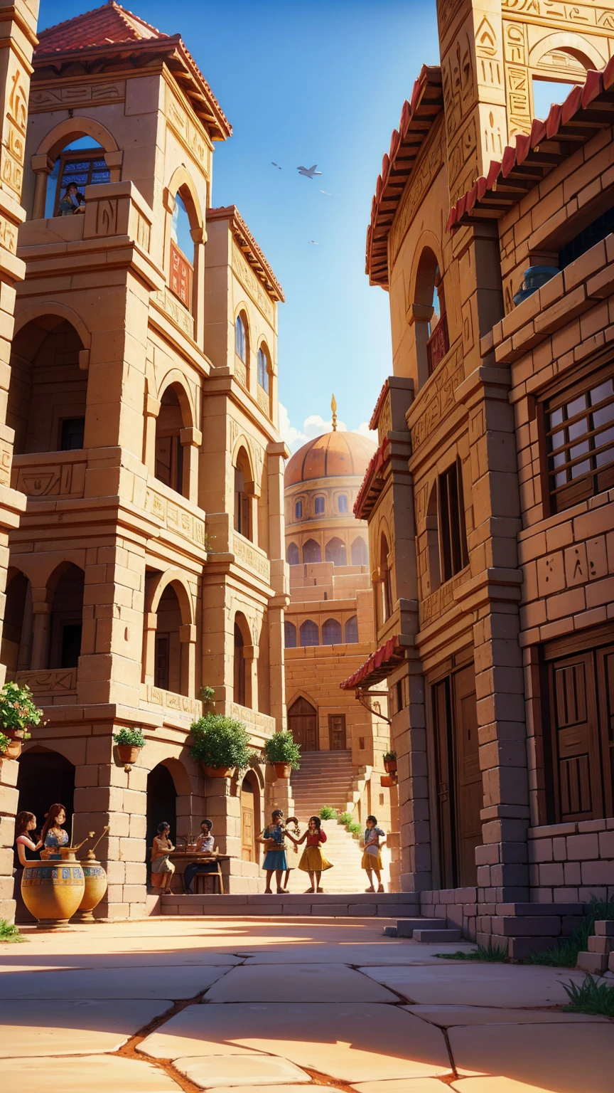 A vibrant 3D Pixar-Disney animated style scene set in ancient Mesopotamia or Egypt, showing characters brewing beer. The scene includes clay vessels and detailed ancient architecture. Characters are wearing typical clothing of the era, interacting cheerfully, and actively involved in the brewing process, using wooden cups instead of glass mugs, with a lively marketplace in the background.