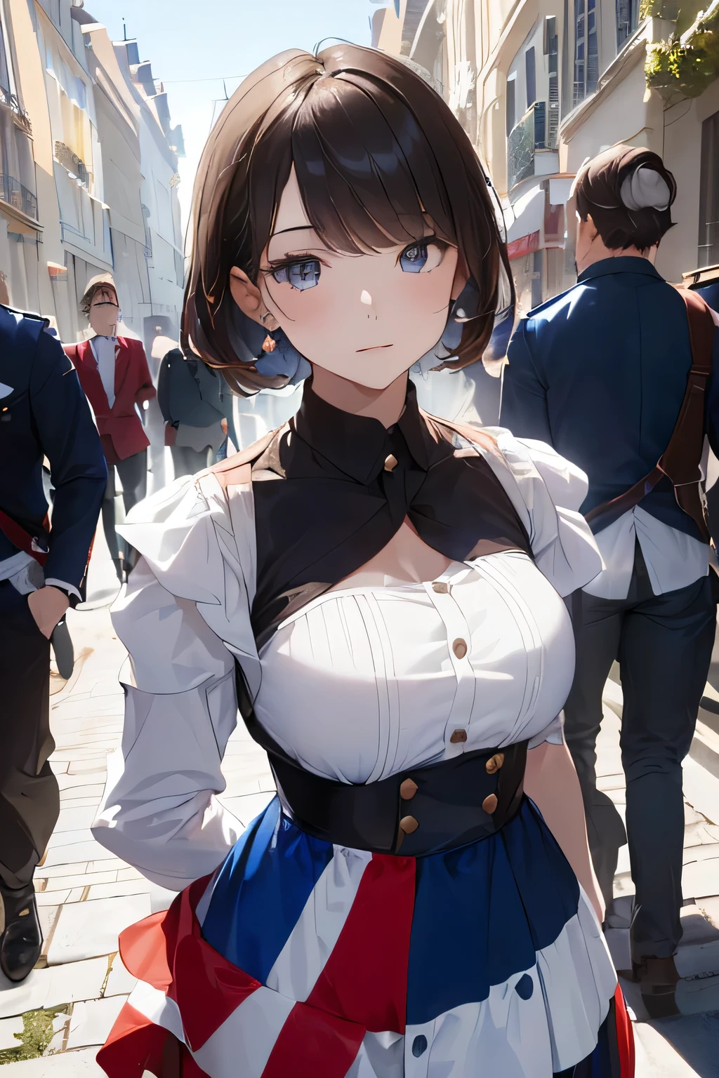 (((French flag-inspired outfit:1.3))),(((Woman in men's clothing:1.3))),(Tricolor),(masterpiece,Highest quality,Ultra-high resolution output images,Write boundary depth,Intricate details,Adding dimension to your subject with the contrast of light and shadow,Anatomically correct facial structure),(Picture Mode Ultra HD,)