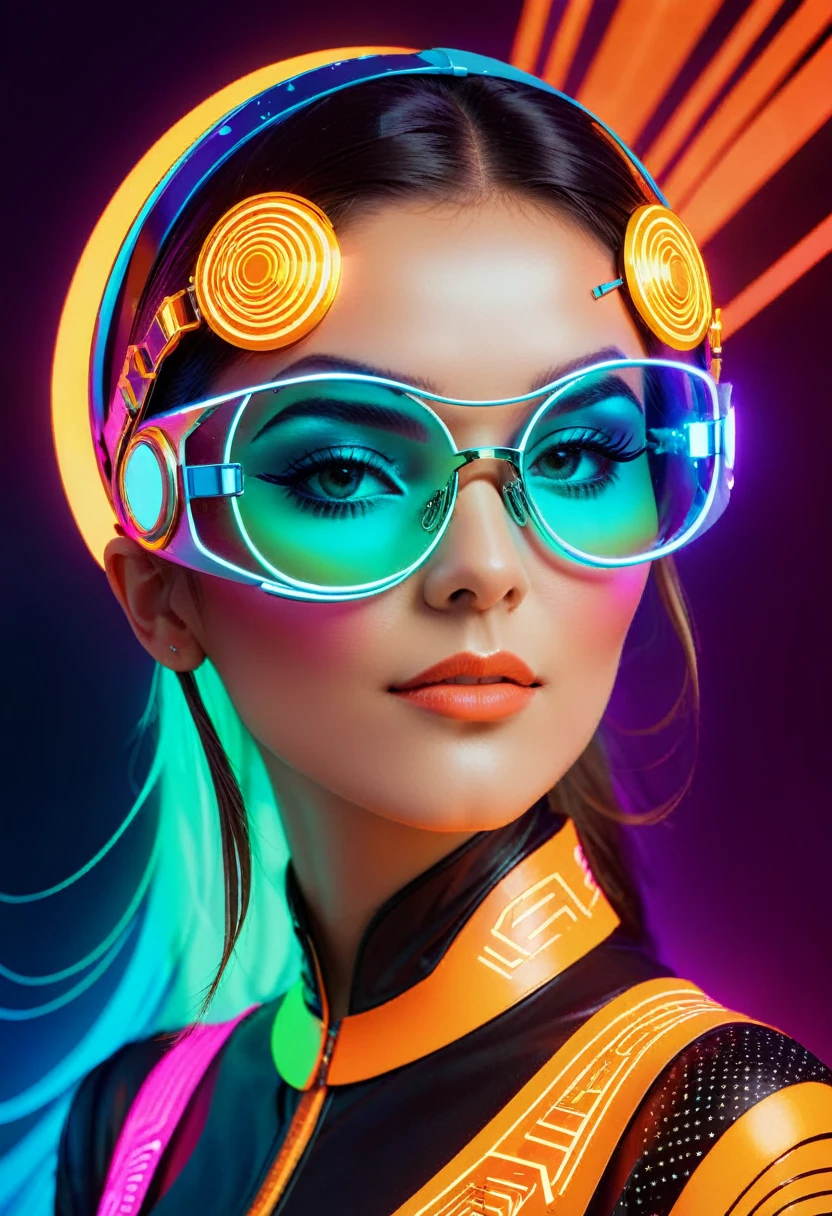 The image is a digital artwork of a woman wearing futuristic glasses and a headpiece with glowing designs, set against a vibrant, neon-lit background.
