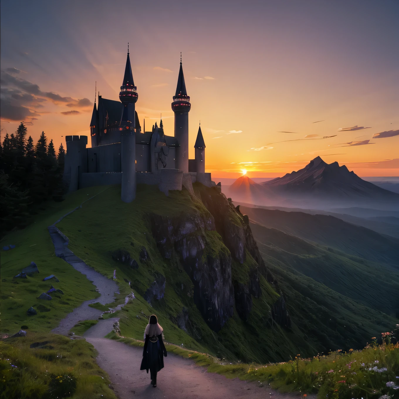 Highest quality　Fantasy　landscape　A black castle standing on a wilderness hill　((Traveler looking up))　sunset