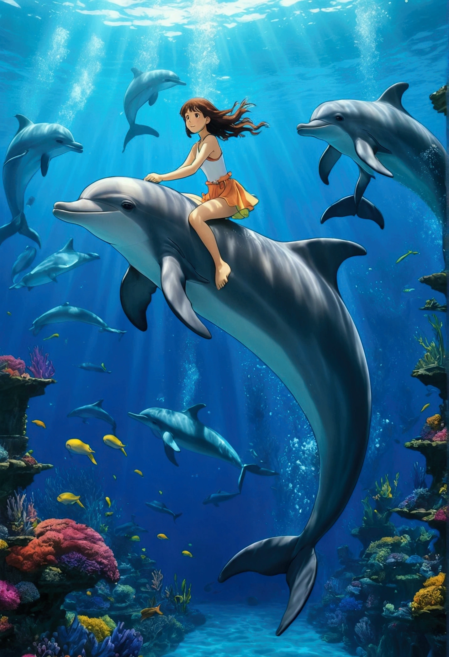Ghibli Underwater Girl riding a dolphin