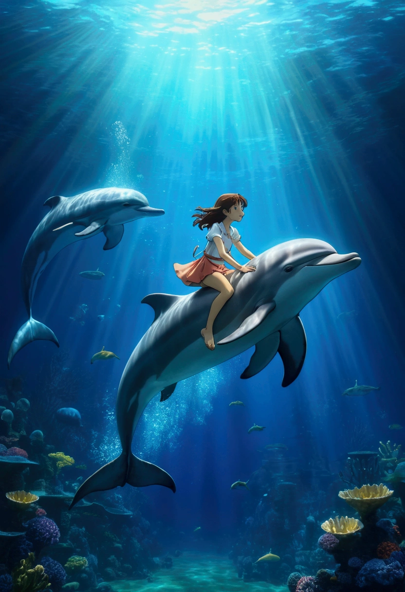Ghibli Underwater Girl riding a dolphin