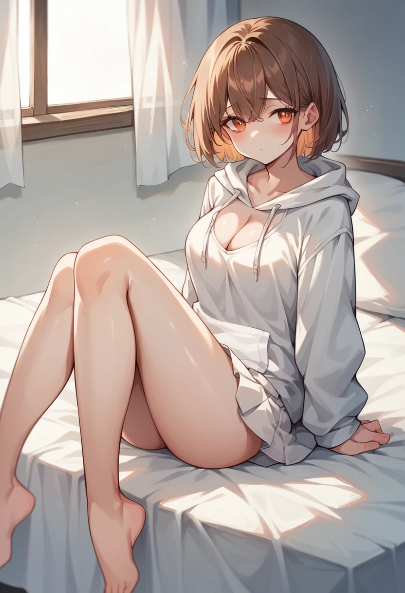 Brown-haired girl　shoulder-length hair　Wearing a white hoodie and a white skirt　Dark orange eyes　White skin　tall　With bangs　Beautiful face　Thin legs　The cleavage is visible　sitting on the bed　Thin legs　Very shy　Shyness　Anime Style