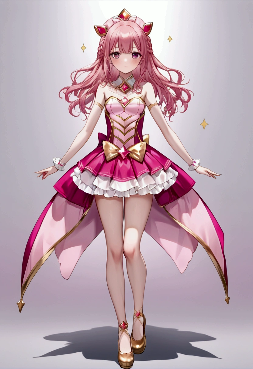 Create an anime-style girl with (((deep magenta eyes and long, wavy pink hair))) ((styled in an elegant frenchbraid)). (((She is slender, and with small breasts))). ((Ensure a full-body shot of her)) wearing a (((pink, gold, and rose gold color magical girl-themed outfit.))) ((The outfit features a spider and spider web theme.)) The overall look is regal and ethereal, with magical glowing effects. cutesexy, purinpuon pixiv, no future, a hyperrealistic , hyperrealistic , realistic , seductive (anime girl), smooth anime cg art, beautiful alluring anime teen, (purinpuon pixiv), ((magical girl)), (masterpiece), best quality, expressive eyes, perfect face ((Highest quality))、((8K))、(((8k wallpaper))) ((Full Body Shot: 1.5))、ultra detailed, masterpiece, best quality, solo ((purinpuon pixiv, no future)) (((purinpuon pixiv, no future)))