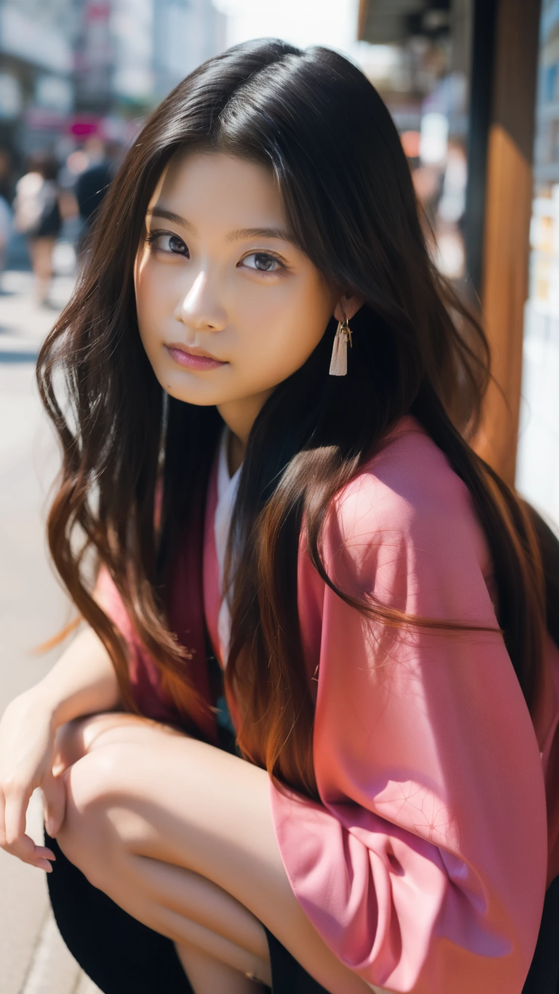 Cute Japanese woman, (16 years old), (Very cute face: 1.3), White moist skin, Looking at the camera, Melancholy expression,
BREAK,
Idol,
BREAK,
(Wearing cute kimono: 1.3), (Highly revealing kimono), Very large earrings, Short length,
BREAK,
(Fighting pose: 1.3),
BREAK,
(Long hair), (Pink hair: 1.2), (Wavy hair), (Gradient hair: 1.3), (Red hair at the ends),
BREAK,
(Realistic: 1.3), Masterpiece, Perfect lighting, (Ultra-high resolution), (8K), (Highly detailed: 1.4), (From the front), (Full body: 1.3), (Symmetrical: 1.2),
BREAK,
(Japanese city streets: 1.2),
BREAK,
(Demon Slayer: 1.4),
BREAK,
(Kasumi Arimura: 1.4),