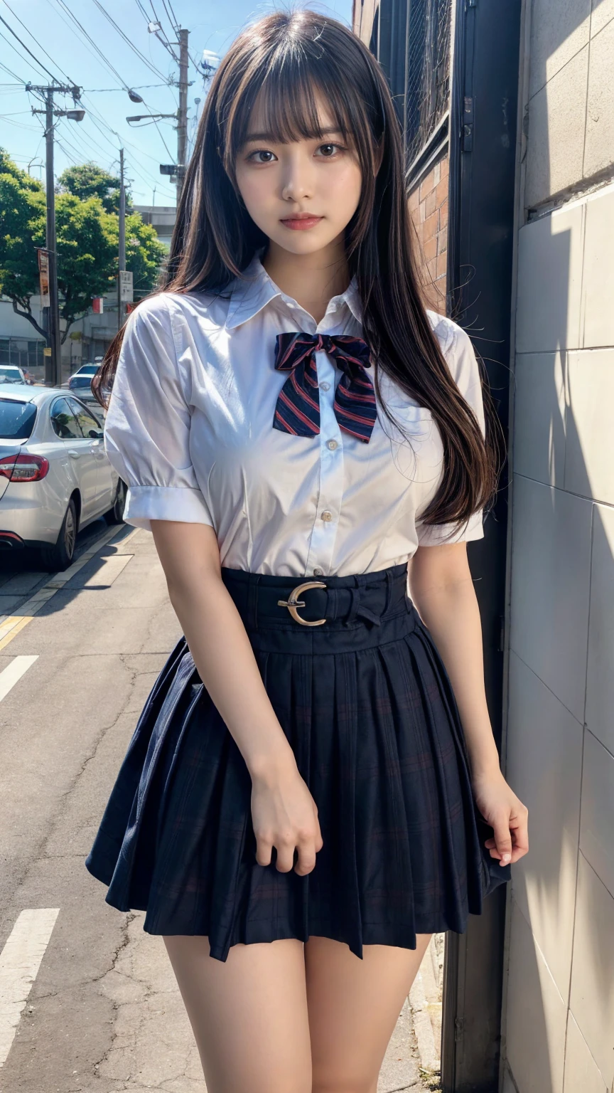masterpiece, best quality, illustration, Super detailed, fine details, High resolution, 8K,wall paper, perfect dynamic composition,(Details High quality, realistic depiction of eyes:1.3), restroom, High school girl uniform、Super Short Check Uniform Skirt、Navy blue high socks、garterbelts、Colossal tits、Disturbed uniform, Straight bangs, black hair color, large breasts, Big Natural Color Lip, standing, (erotic pose), (perfect body shape), crying a little、cold gaze, Harajuku style、20 year old girl、cute type, beautiful legs, hposing Gravure Idol