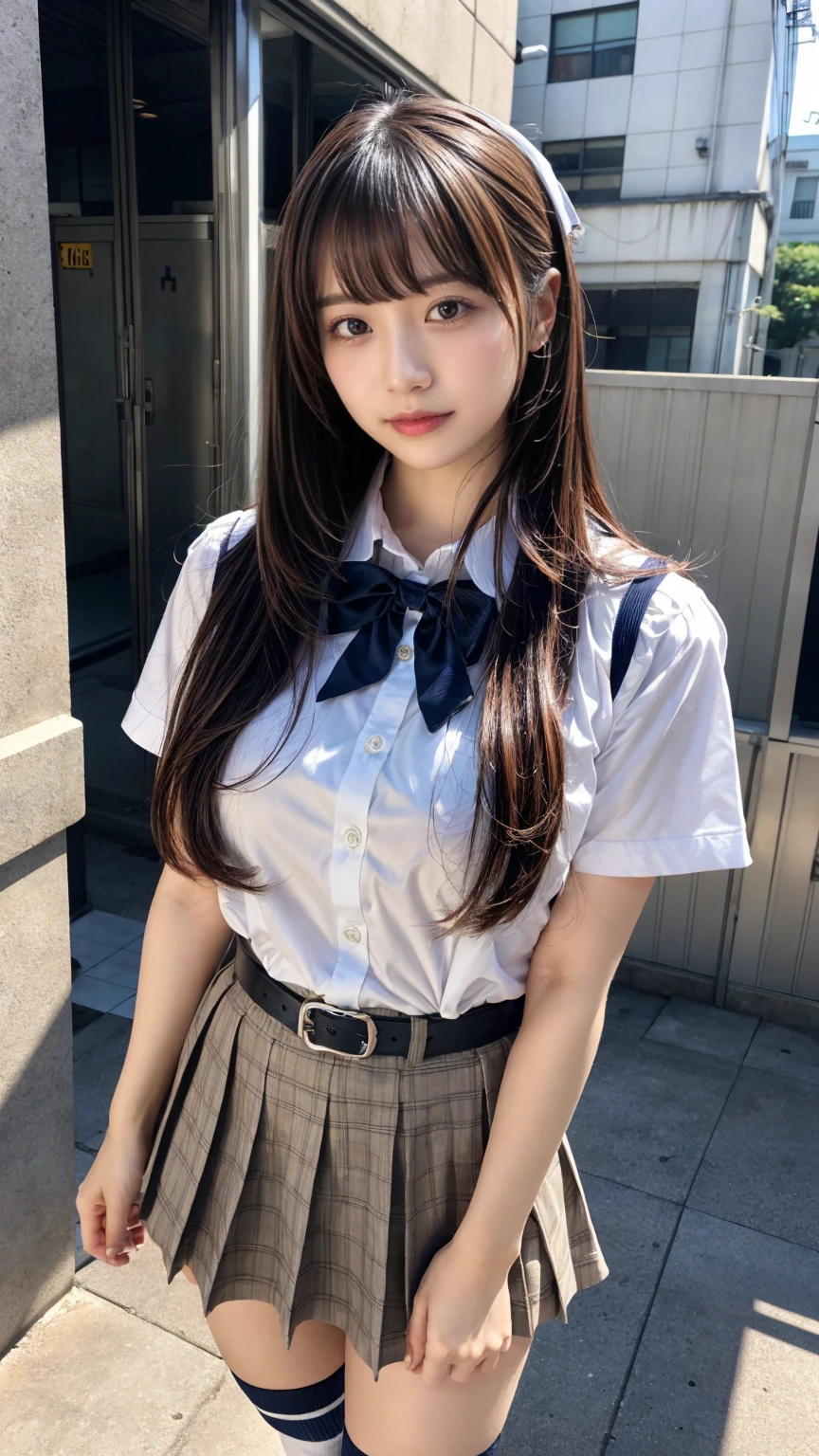 masterpiece, best quality, illustration, Super detailed, fine details, High resolution, 8K,wall paper, perfect dynamic composition,(Details High quality, realistic depiction of eyes:1.3), restroom, High school girl uniform、Super Short Check Uniform Skirt、Navy blue high socks、garterbelts、Colossal tits、Disturbed uniform, Straight bangs, black hair color, large breasts, Big Natural Color Lip, standing, (erotic pose), (perfect body shape), crying a little、cold gaze, Harajuku style、20 year old girl、cute type, beautiful legs, hposing Gravure Idol