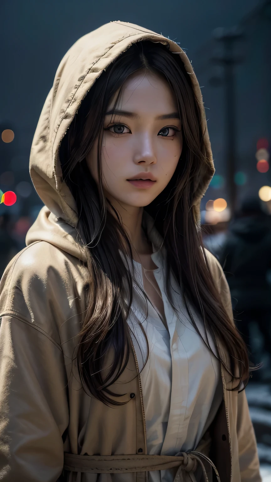a young japanese woman, beautiful detailed face, porcelain skin, light brown eyes, long wavy light brown hair, wearing a hooded long brown trench coat with woven religious symbols, jedi-like clothing, standing in a dark futuristic desolate city, (best quality,8k,highres,masterpiece:1.2),ultra-detailed,(realistic,photorealistic,photo-realistic:1.37),detailed facial features, extremely detailed eyes and face, longeyelashes, intricate clothing details, dramatic lighting, moody cityscape, advanced technology, dystopian atmosphere, rich colors