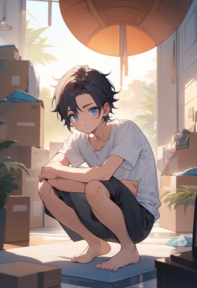 masterpiece, best quality, extremely detailed, ultra detailed, flat anime, 2D, ((1boy)),black hair, (short hair:1.5),blue eyes, height 1.7meters, (circle eyes:1.2), (young adult:1.2), Ear-length sideburns, long Sleeves, White T-shirt, barefoot, ((short sleeves)), ((long pants)), squatting, open mouth, summer, 12AM, livingroom,organizing the boxes., ((portrait)),full body,expressionless