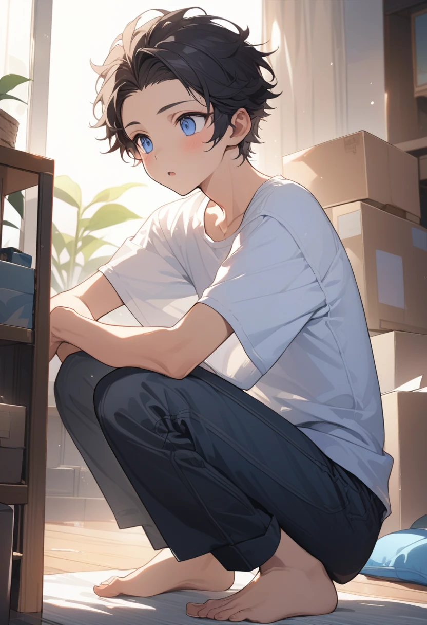 masterpiece, best quality, extremely detailed, ultra detailed, flat anime, 2D, ((1boy)),black hair, (short hair:1.5),blue eyes, height 1.7meters, (circle eyes:1.2), (young adult:1.2), Ear-length sideburns, long Sleeves, White T-shirt, barefoot, ((short sleeves)), ((long pants)), squatting, open mouth, summer, 12AM, livingroom,organizing the boxes., ((portrait)),full body,expressionless