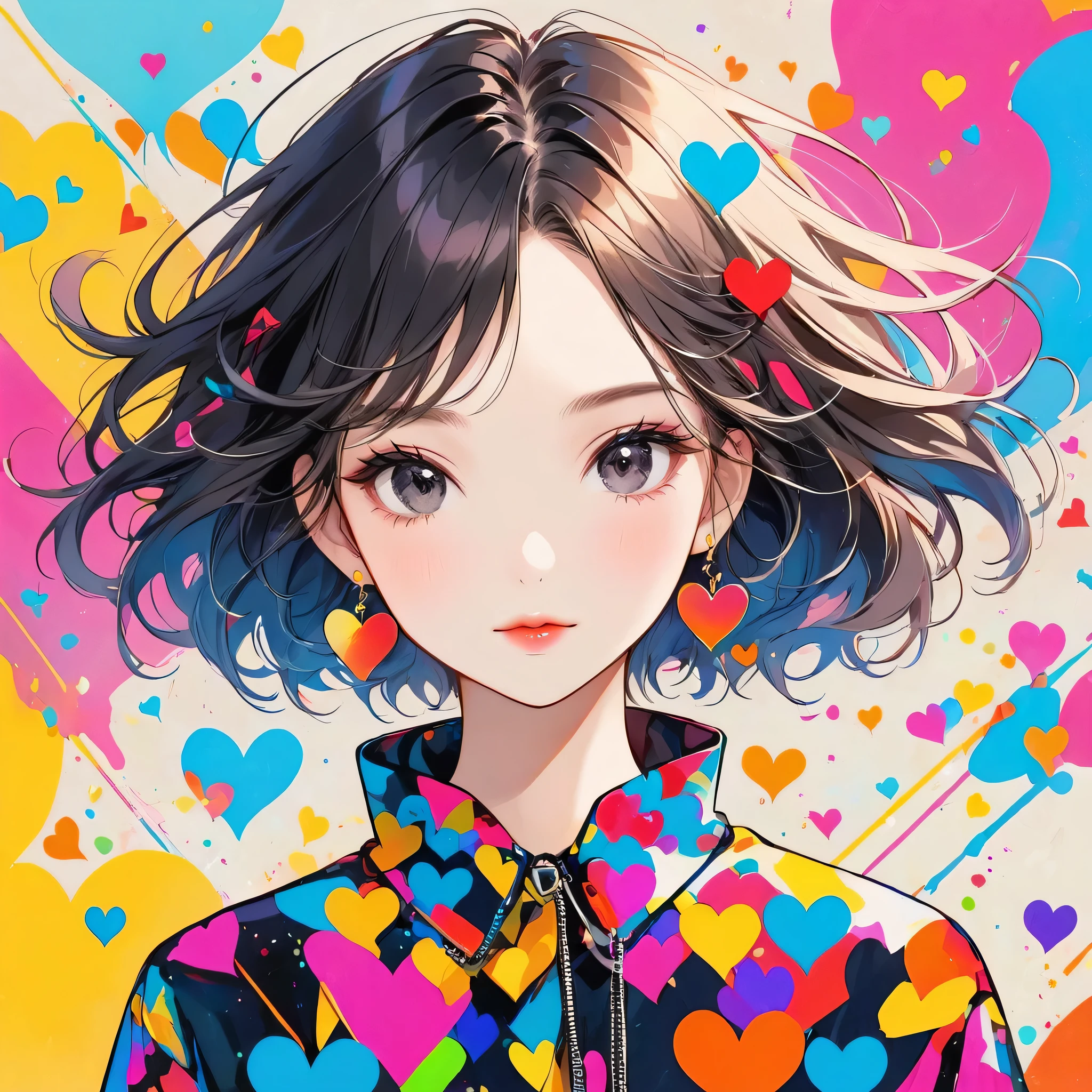 Mika Pikazo colorful style, Simple Line Initialism,Abstract art,Urban Background, (((The most beautiful girl of all time))), black eyes, Sweet face. Lips in love, colorful hearts, stylish design, black eyes