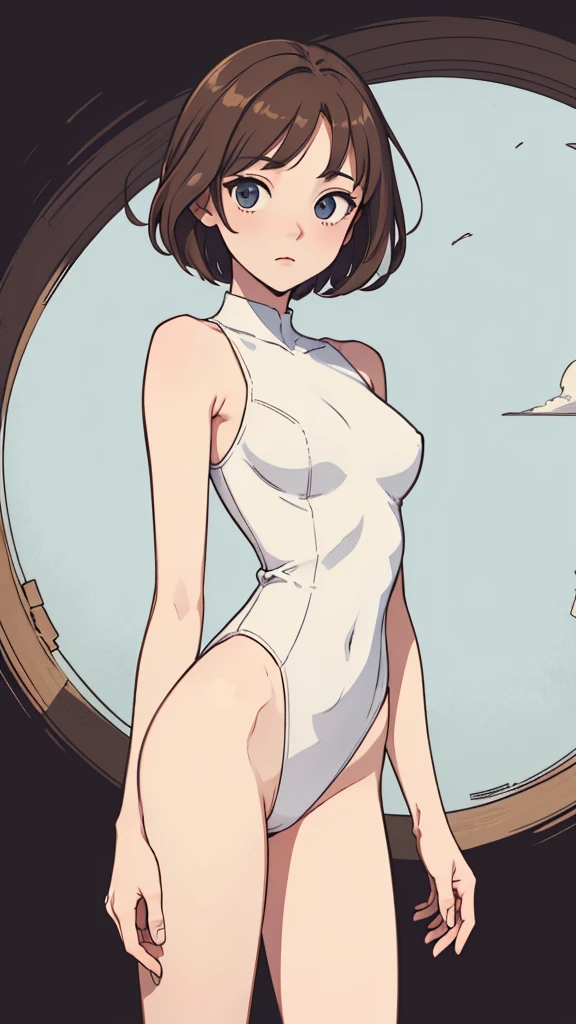 (((masterpiece, best quality, ultra highres, 1 girl, solo, no background))), super detailed skin and face and eyes and finger, beautiful japanese woman, small :1.5, skinny, light brown hair, white background, very short pixie hair, cowboy shot, Generate with illustrations, Various expressions, Various poses, Please draw the entire character within the frame, ensuring that the head, arms, and legs are not cut off. The background should be simple, with the character positioned centrally, outline, anime, 2d, boyish, tiny micro sexy lerd, spread legonless,