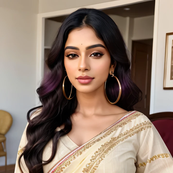 Create an ultra-realistic image of a modern, attractive female influencer of Indian descent, aged between 27 to 30. She should have a warm and inviting smile, expressive almond-shaped eyes with a slight shimmer, and clear, glowing skin with a medium brown complexion. Her features should be well-defined, with high cheekbones and a sharp jawline. Her hair should be long, thick, and wavy, with a natural shine and bounce, styled in loose waves, colored in a deep, reddish-purple hue that’s bold yet sophisticated. She should have a slender yet athletic build, reflecting a healthy and active lifestyle, with a medium bust size (44-46 inches), offering a balanced and proportionate appearance.
She is wearing a pale yellow linen Patiala salwar suit with simple floral embroidery, and a matching dupatta draped elegantly over her shoulder. Her outfit complements her figure and exudes elegance. She completes her look with stylish black heeled sandals that add elegance to her appearance. She accessorizes with subtle yet chic jewelry, such as small hoop earrings and a few thin bangles.
The background should be a bright and cheerful bedroom with yellow and white decor, a cozy bed with matching linens, and large windows letting in ample natural light. Her overall appearance should exude confidence, approachability, and sophistication, capturing the essence of a contemporary Indian fashion influencer.