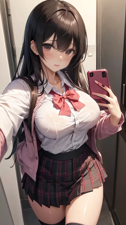 (Adult females:1.3)、The exact number of fingers、Exact number of legs、Exact number of weapons、Bangs, Ponytail, Brown hair, (blush:1), (A woman puts her right hand into her pants.:1.7), fingering, (juice:1.2), (Taking selfies with smartphones:1.5), ((Red bow tie, Black jacket, Cardigan jacket, White shirt, Black plaid skirt)), (Fashion Pink Satin Panties:1.4), (Fashion Pink Lace Bra), Knee socks, (Lift up your skirt yourself:1.4), (lift up your shirt:1), (Show your:1), (Expose:1.2), Practical、 美丽的Large Breasts, slim body, Cardigan, best quality, high resolution, The face is rich in detail, Perfect lighting, Highly detailed CG, (Perfect hands, Perfect anatomical structure), Embarrassed expression, (classroom, Many students:1.3), whole body、blush、Crying face with very slim figure:1.3),Huge breasts:1.4 Huge breasts:1.4，full, Firm breasts，Expose乳沟，Nipple protrusion，Belly button full breasts, Large Breasts, Slender sexy legs， Put your hands behind your head((Clear nipples))、Rocket , (Large Breasts),（because I&#39;Thin）