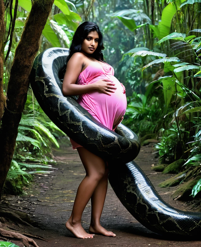 Pregnant pink thong wearing aroused horny beautiful happy  Indian teen  vs  Giant colossal black anaconda monster wrapped around her body squeezing her in coiled embrace cuddling and kissing  sexual erotic bestiality  sex  realistic in the rainforest full body, best quality wet top quality perfect body 