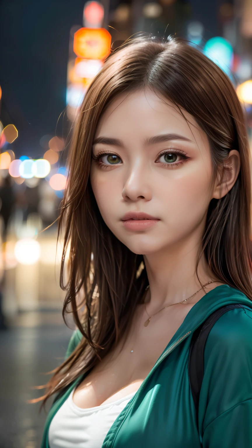 A woman standing on a crowded street in Tokyo, Traffic jam on a rainy night, masterpiece, RAW Photos, Written boundary depth, Bokeh, (Front light:1.2), (Backlight:0.75), (Subsidy Light:0.9), neon, chromatic aberration, (Lens flare:1.2), 8k, Genuine, green,(head shot:1.5)