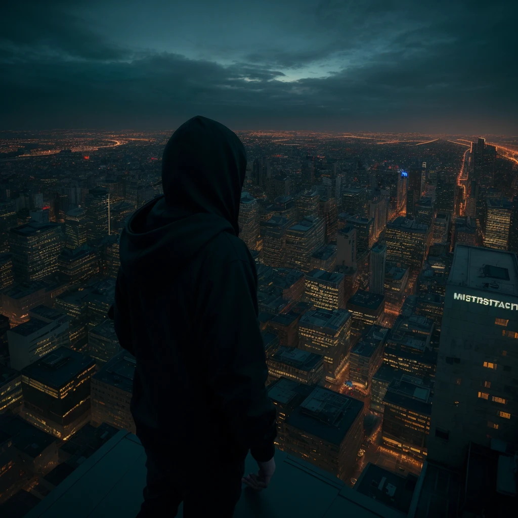 a white man whit black hoodie smoking on a rooftop overlooking a magnificent night city, a menacing presence observing him in the sky, ultra-realistic photo, high angle, cinematic lighting, moody atmosphere, dramatic shadows, neon lights, detailed architecture, glowing cityscape, hyper-realistic, 8k, photorealistic