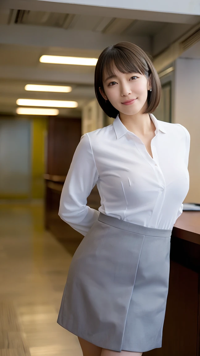 nsfw,(1 woman),beauty,Beautiful Face,smile,(office lady suit:1.2),(open clothes:1.2,front open shirt:1.2,mini skirt)A dignified appearance,Plump Style,(big breasts:1.3)、(Peeking into this、Front view),Focus on the chest,Ultra-realistic,Ultra-high resolution,highest quality,8k,masterpiece,(random time,office)、The cutest Yoshioka Riho,(short bob hair:1.3),(portrait:1.2),(nipple stand:1.2),(arms behind back posing:1.4),standing,