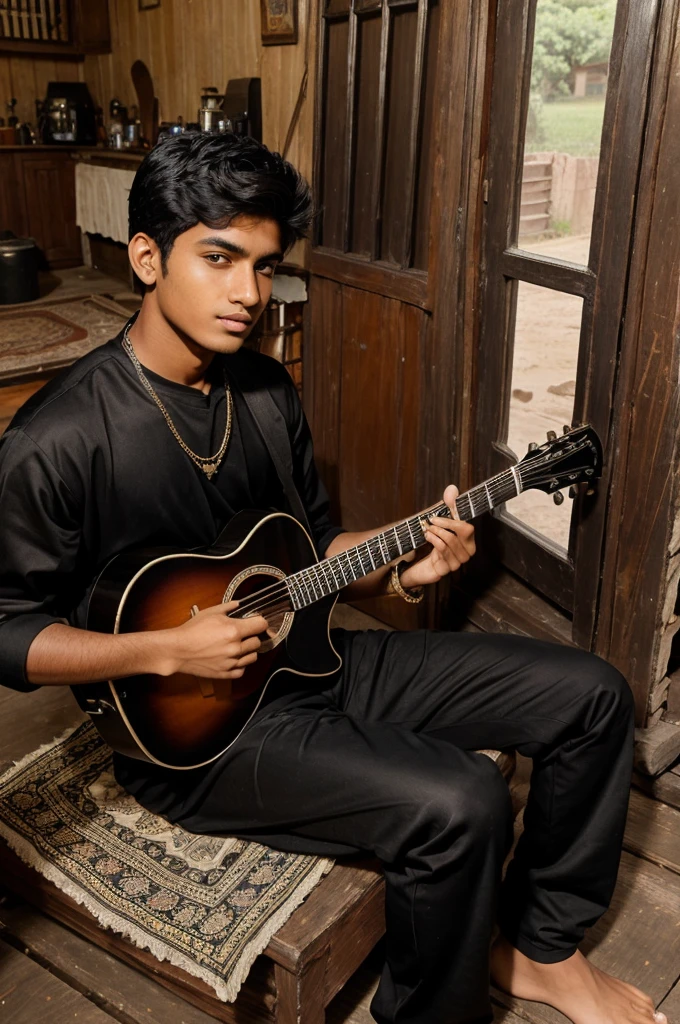 19 years old? Real Indian boy, he is wearing a black costume, his costume has a long black cloth and he is sitting in an old house and playing guitar