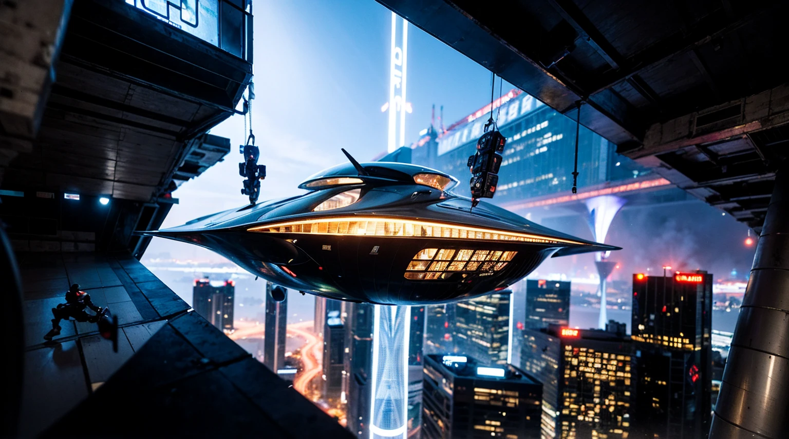 Create futuristic hyperrealist artwork, Imagine a city in the sky, With complex architectural structures and advanced technology. A detailed depiction of a futuristic city, Capture the bright light, Suspended platforms and flying vehicles that move vertically and horizontally through the air.