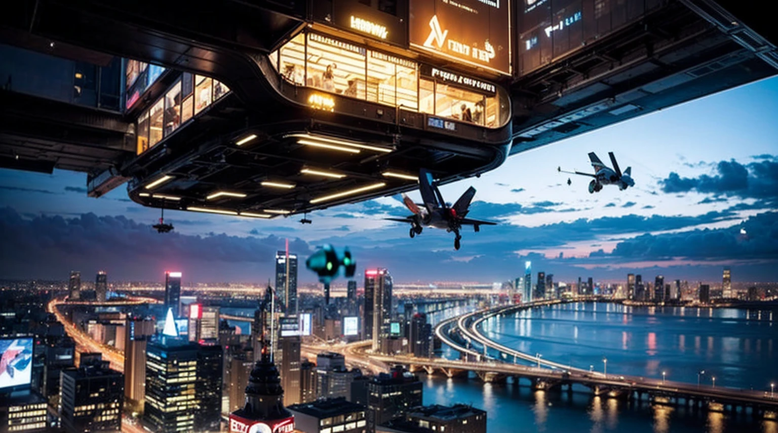 Create futuristic hyperrealist artwork, Imagine a city in the sky, With complex architectural structures and advanced technology. A detailed depiction of a futuristic city, Capture the bright light, Suspended platforms and flying vehicles that move vertically and horizontally through the air.  