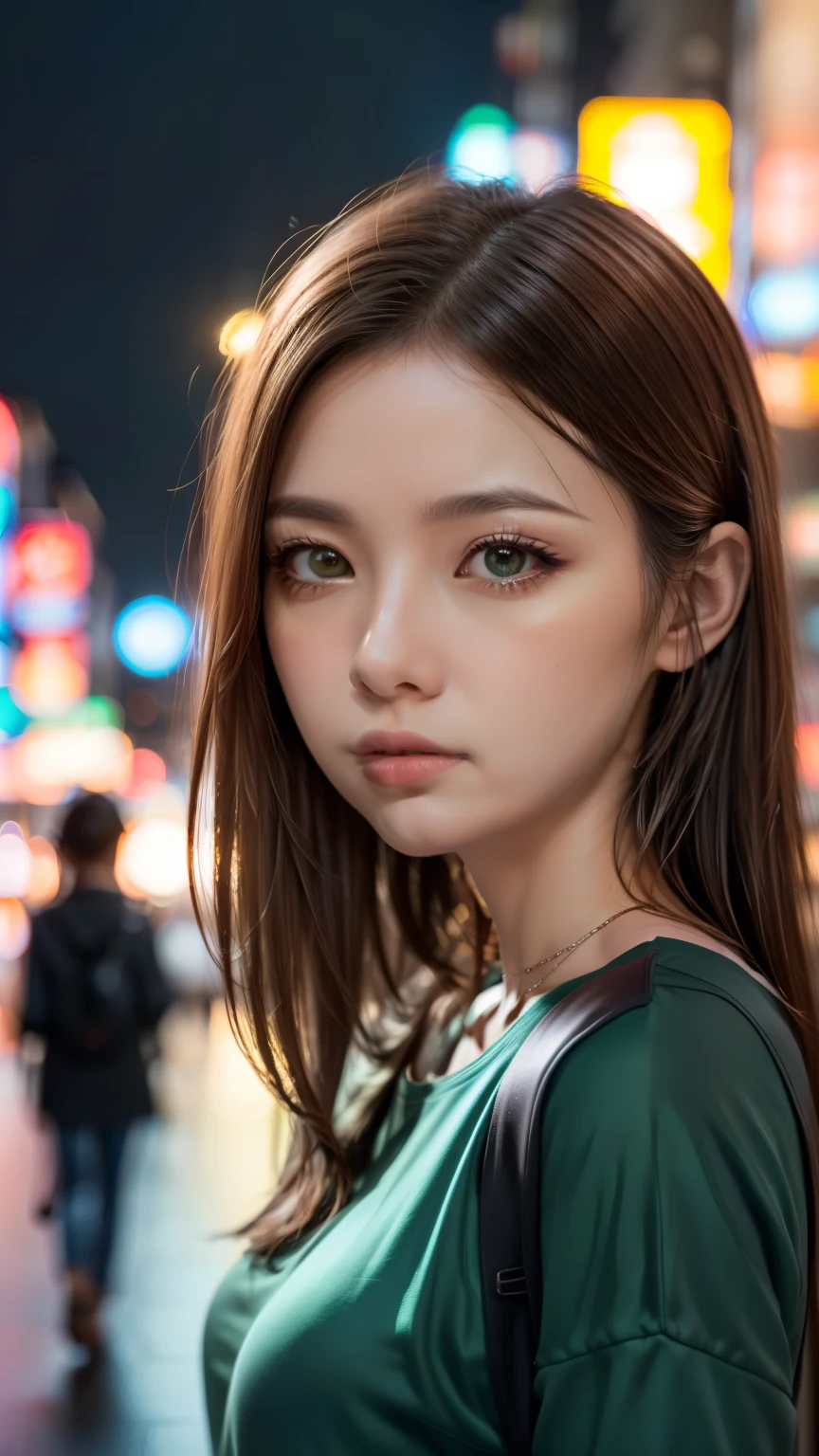 A woman standing on a crowded street in Tokyo, Traffic jam on a rainy night, masterpiece, RAW Photos, Written boundary depth, Bokeh, (Front light:1.2), (Backlight:0.75), (Subsidy Light:0.9), neon, chromatic aberration, (Lens flare:1.2), 8k, Genuine, green,(head shot:1.5)