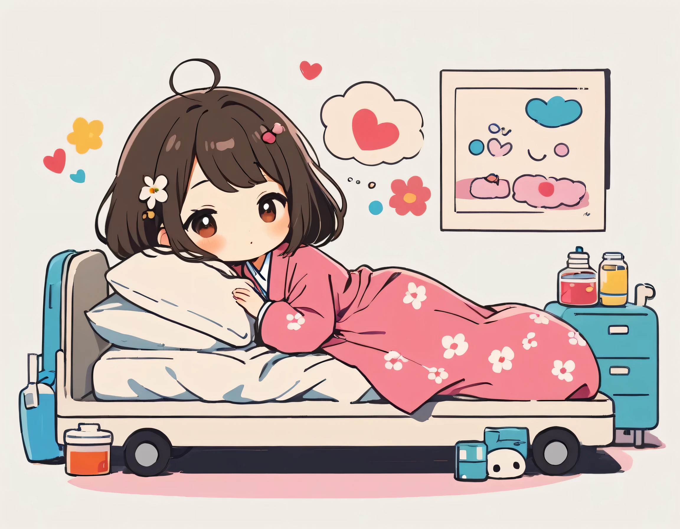 Momoko Sakura colorful style, Simple Line Initialism，Abstract art，Kawaii Design, The most beautiful girl of all time、chibi, (((Cute pillbugs))), nap, hospital bed