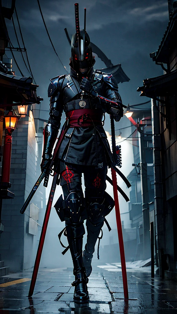 ninja shinobi cyberpunk robot cyborg .big thighs.Wallking street
two samurais walking down a street at night, yasuke.Ninja wearing conical hat. shinobi Cyborg. Red eyes, devil mask, rain. Dark night. Equipped with Sword on back. Katana on back. Robot. gears. screws. lights. wires on back. Arresting monsters in alleys.real. tokyo. UE5 CGI