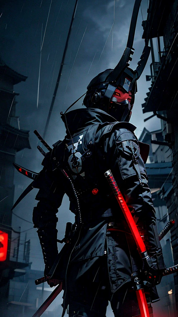 ninja shinobi cyberpunk robot cyborg .big thighs.Wallking street
two samurais walking down a street at night, yasuke.Ninja wearing conical hat. shinobi Cyborg. Red eyes, devil mask, rain. Dark night. Equipped with Sword on back. Katana on back. Robot. gears. screws. lights. wires on back. Arresting monsters in alleys.real. tokyo. UE5 CGI